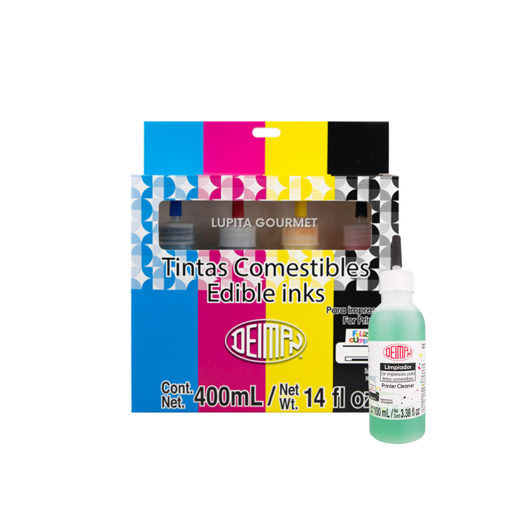 TINTAS COMESTIBLES P/IMPRESORA 4 PZS Y LIMPIADOR 400 ML DEIMAN