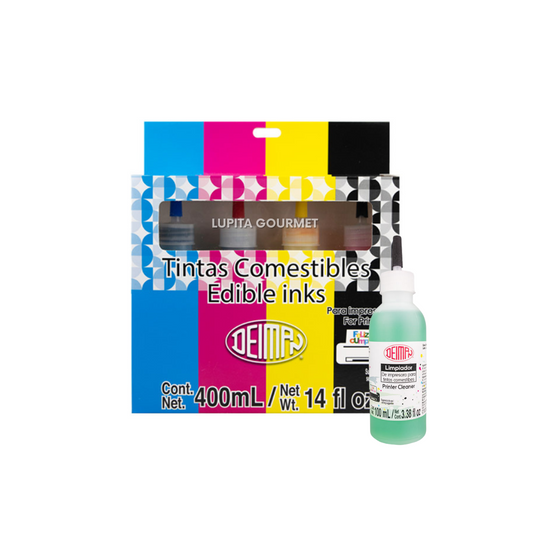 TINTAS COMESTIBLES P/IMPRESORA 4 PZS Y LIMPIADOR 400 ML DEIMAN